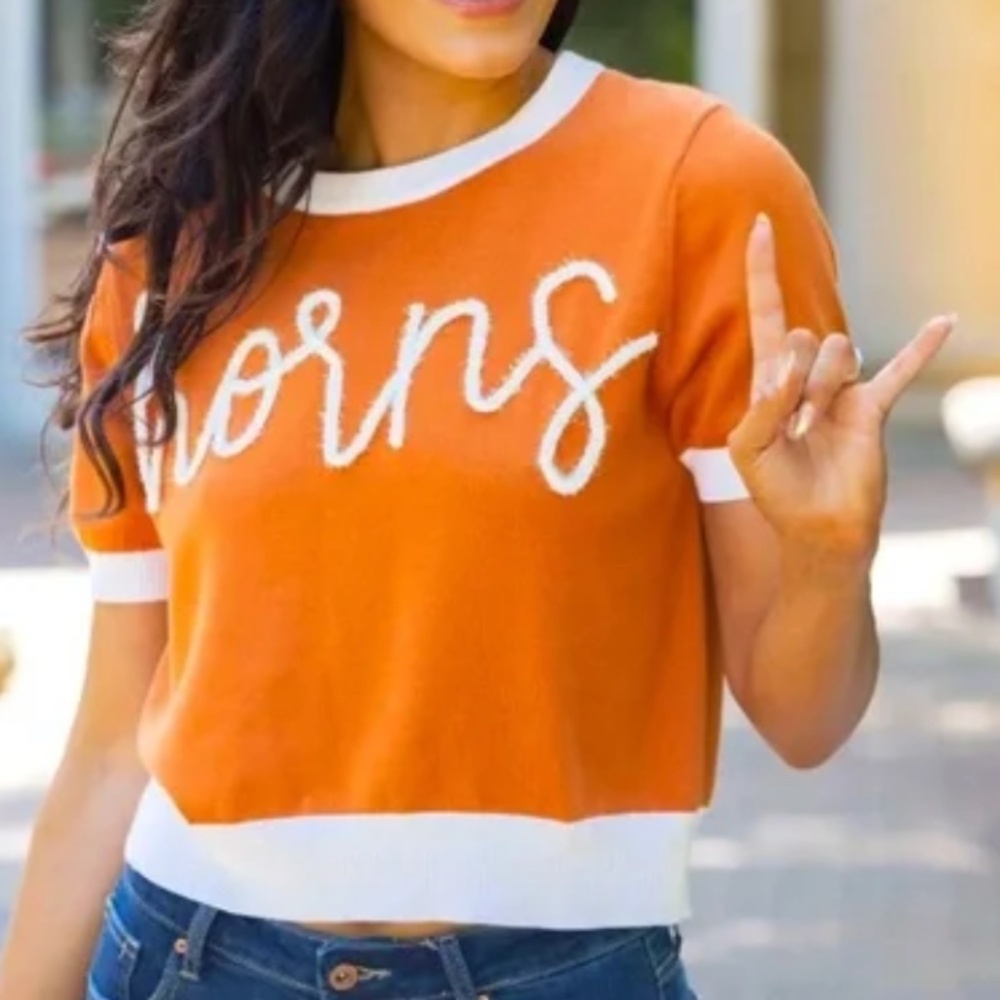 Queen  Of Sparkles Horns Orange and White Sweater‎ Sz L